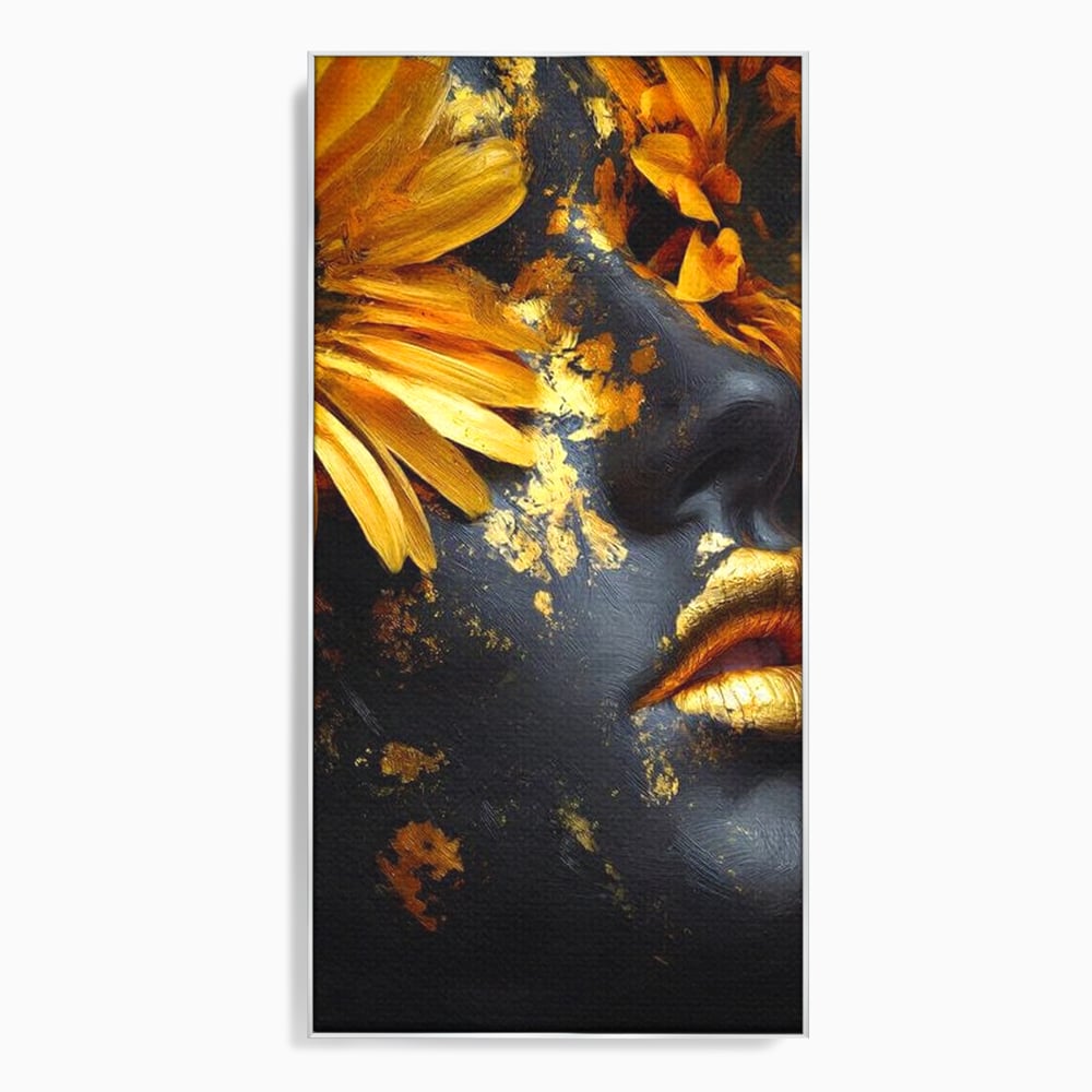 Tablou canvas cu tablou canvas cu portret feminin si foita aurie, in rama de aluminiu argintiu